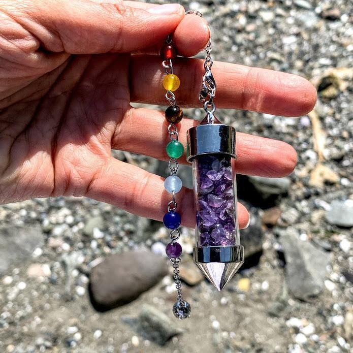 3 in 1 Amethyst Crystal Chips Point Pendulum With Detachable Chakra Bead Chain (Use as a Pendant, Bracelet & Pendulum)