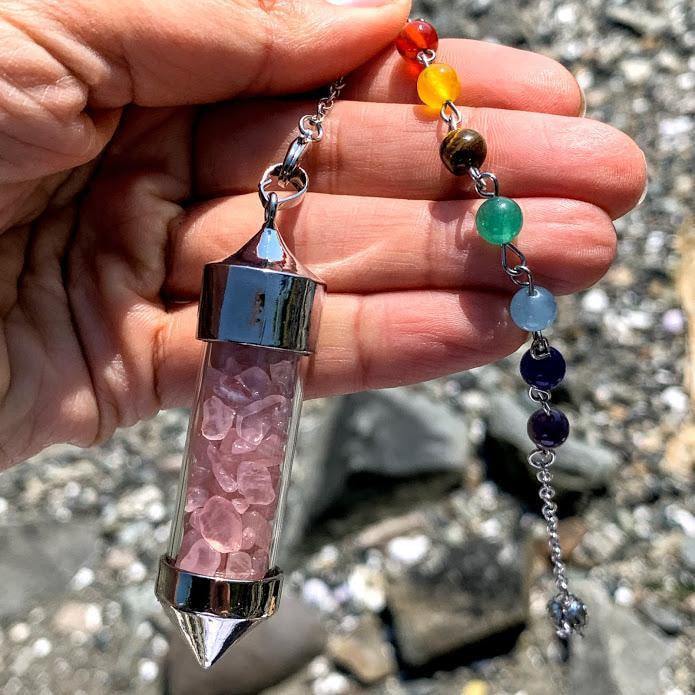 3 in 1 Rose Quartz Crystal Chips Point Pendulum With Detachable Chakra Bead Chain (Use as a Pendant, Bracelet & Pendulum)