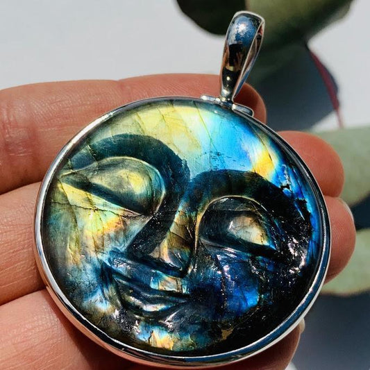 Amazing Tranquil Moon Goddess Face Labradorite Sterling Silver Pendant (Includes Silver Chain) #3