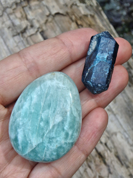 Amazonite Sweet Blue Palm Stone & Double Terminated Natural Deep Blue Apatite Set