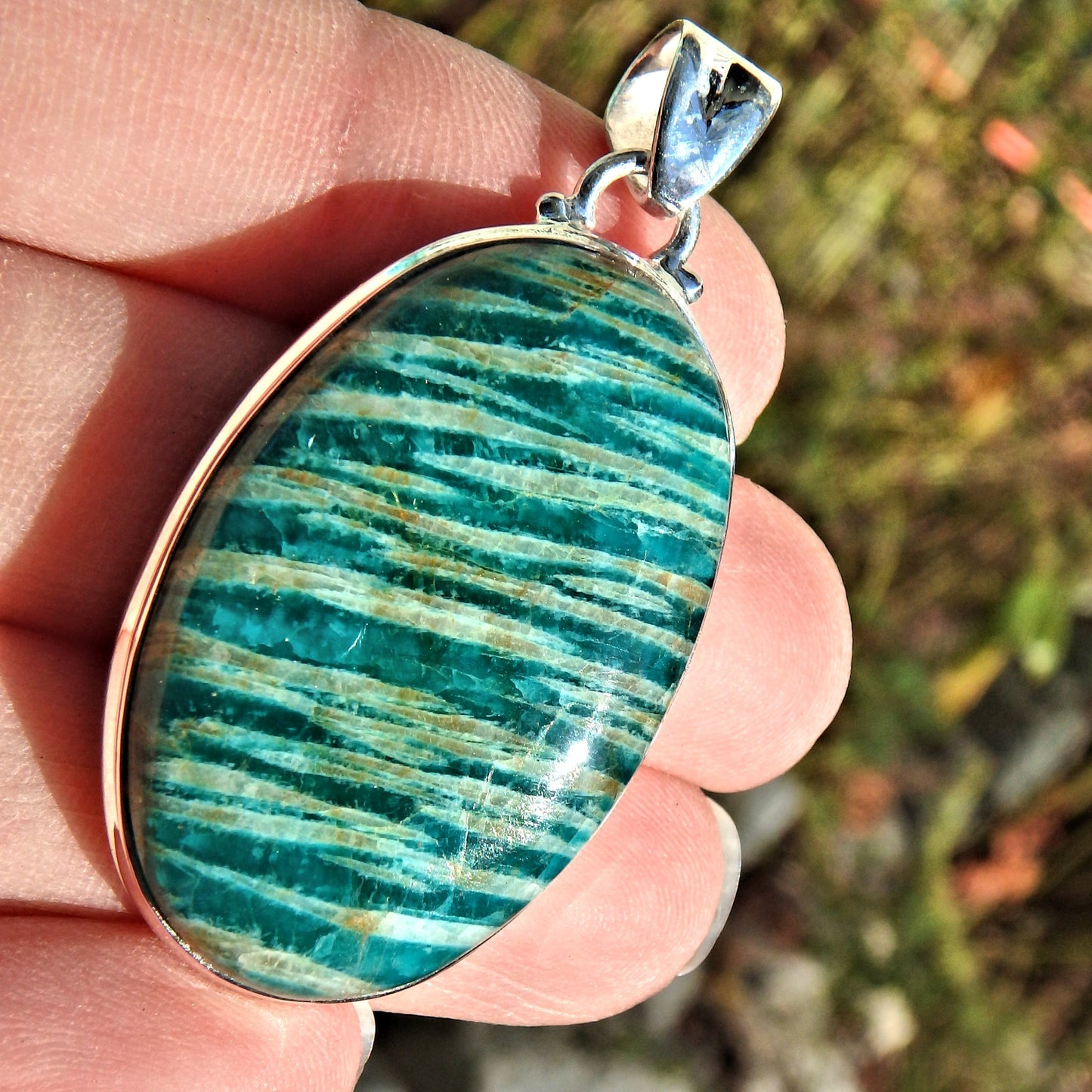 Exquisite Deep Turquoise Green & Zebra Stripes Large Amazonite Pendant in Sterling Silver (Includes Silver Chain) - Earth Family Crystals