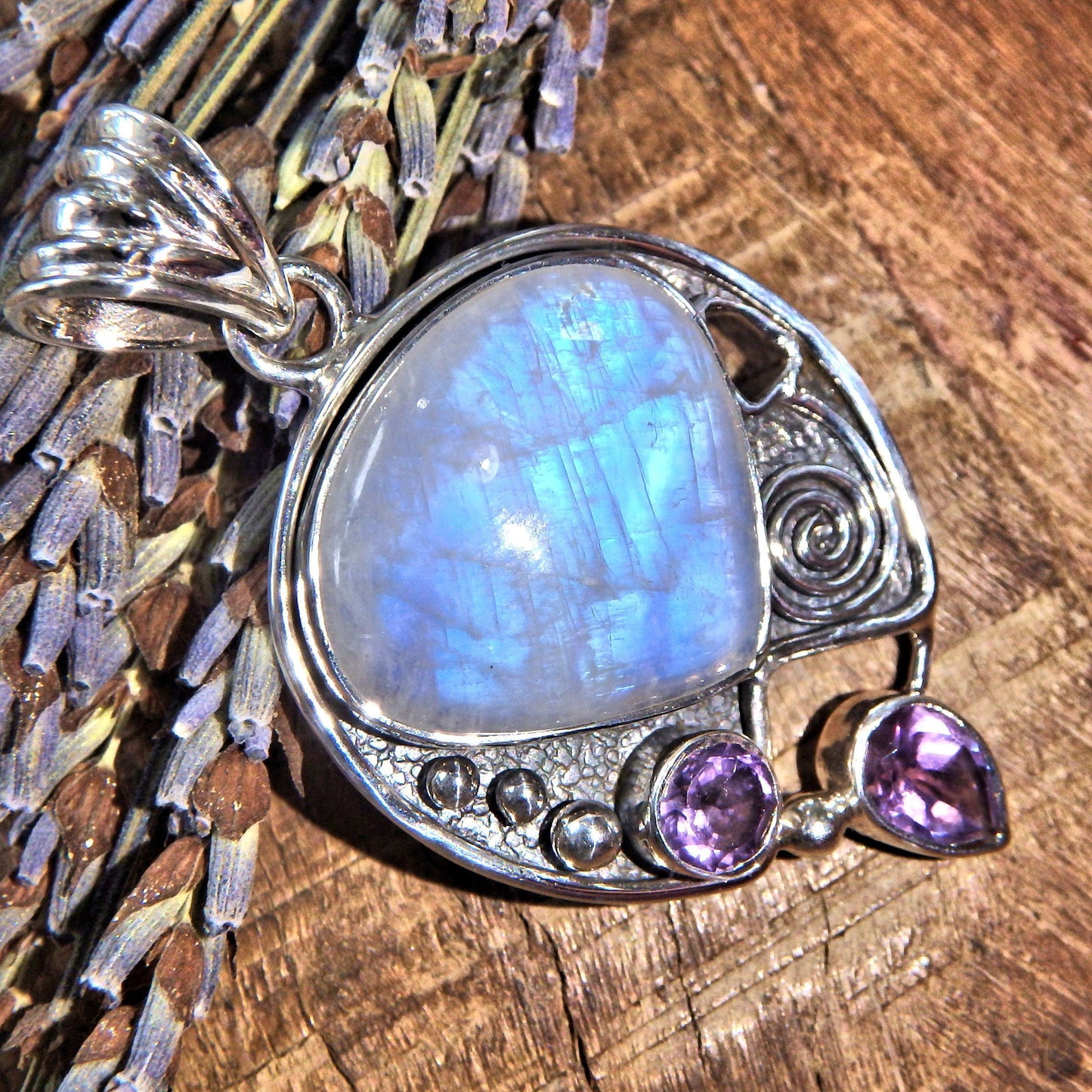 Divine Faceted Amethyst & Rainbow Moonstone Sterling Silver Pendant (Includes Silver Chain) 8