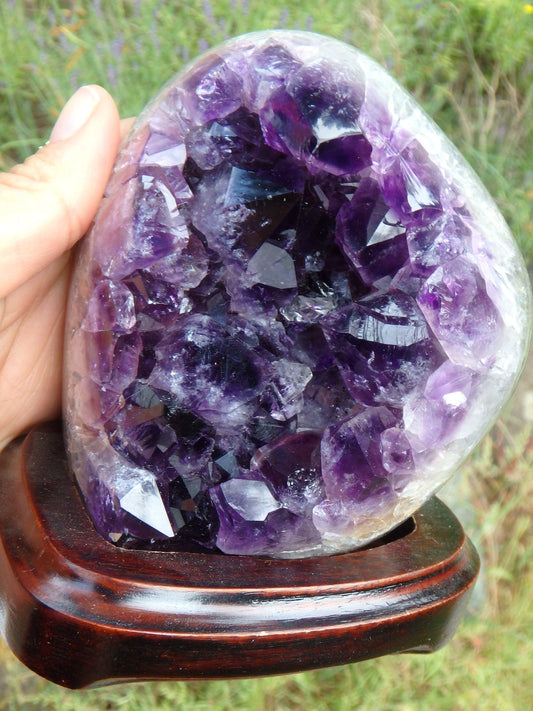AA Grade Deep Purple Amethyst Free Form Specimen on Removable Wood Display Stand From Uruguay