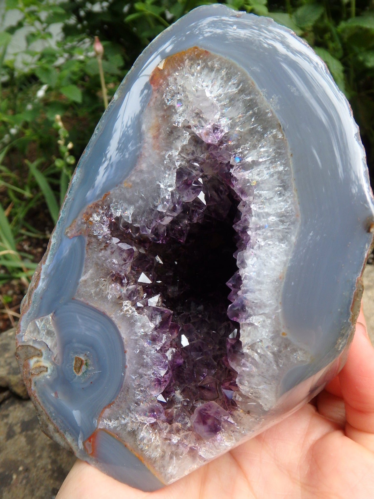Shimmering Deep Druzy Cave of Amethyst Geode With Polished Blue Agate Matrix Standing Display Specimen From Uruguay - Metiz Tier Price