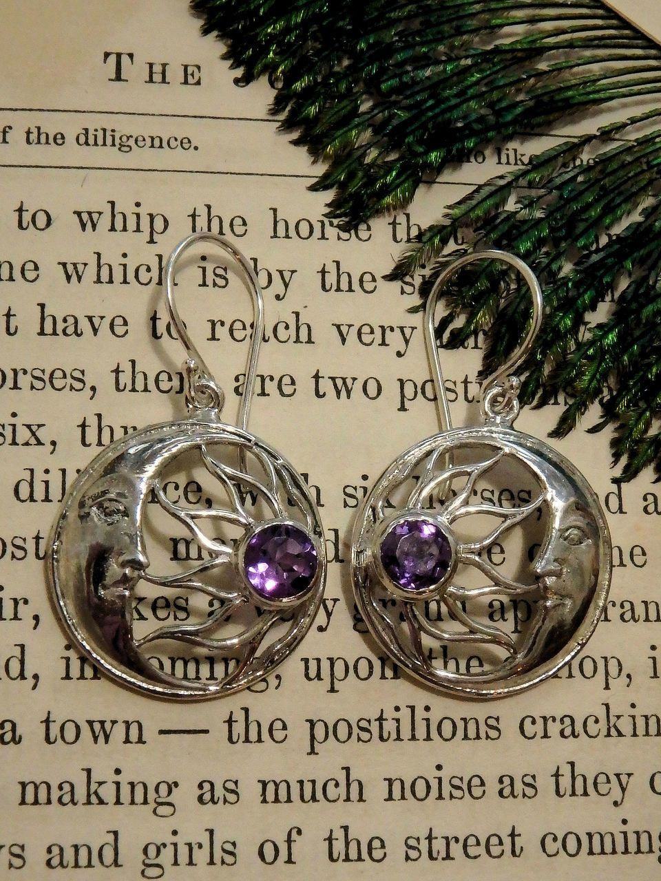 Crescent Moon Faceted Amethyst Earrings in Sterling Silver (Includes Silver Chain)