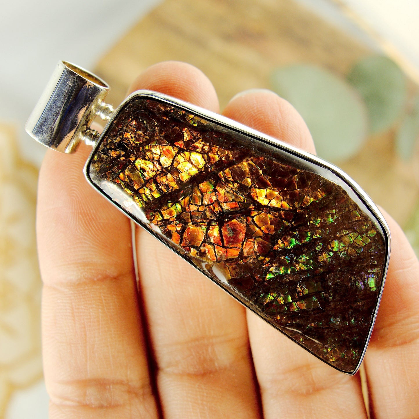 Chunky Shimmering Alberta Ammolite Pendant in Sterling Silver (Includes Silver Chain)