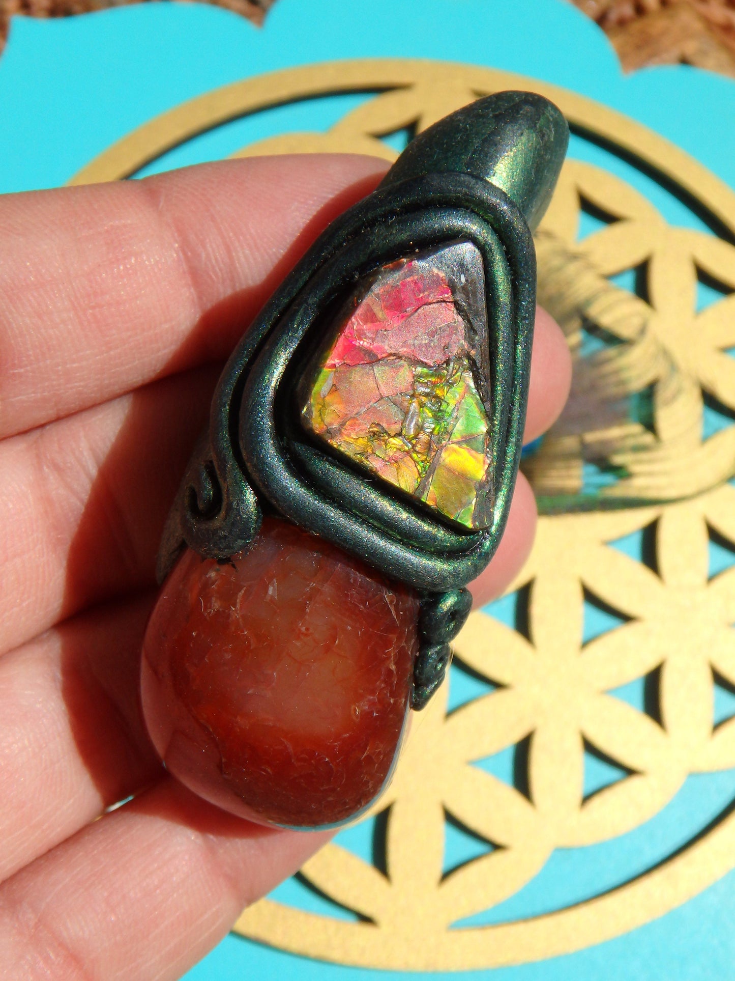 Chunky Orange Carnelian & Flashy Alberta Ammolite Handmade Energy Pendant (On Adjustable Cotton Cord)