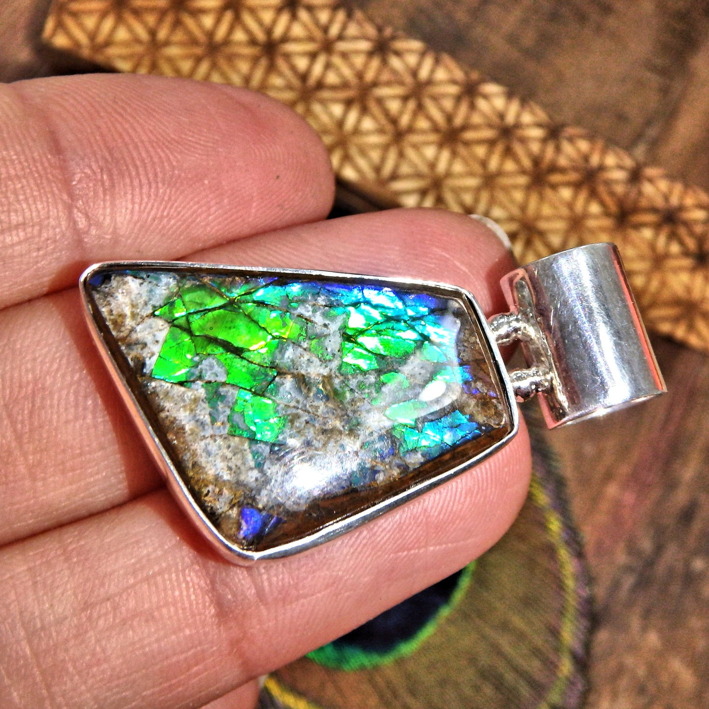 Rare Purple Green & White Clouds Ammolite Pendant in Sterling Silver (Includes Silver Chain)