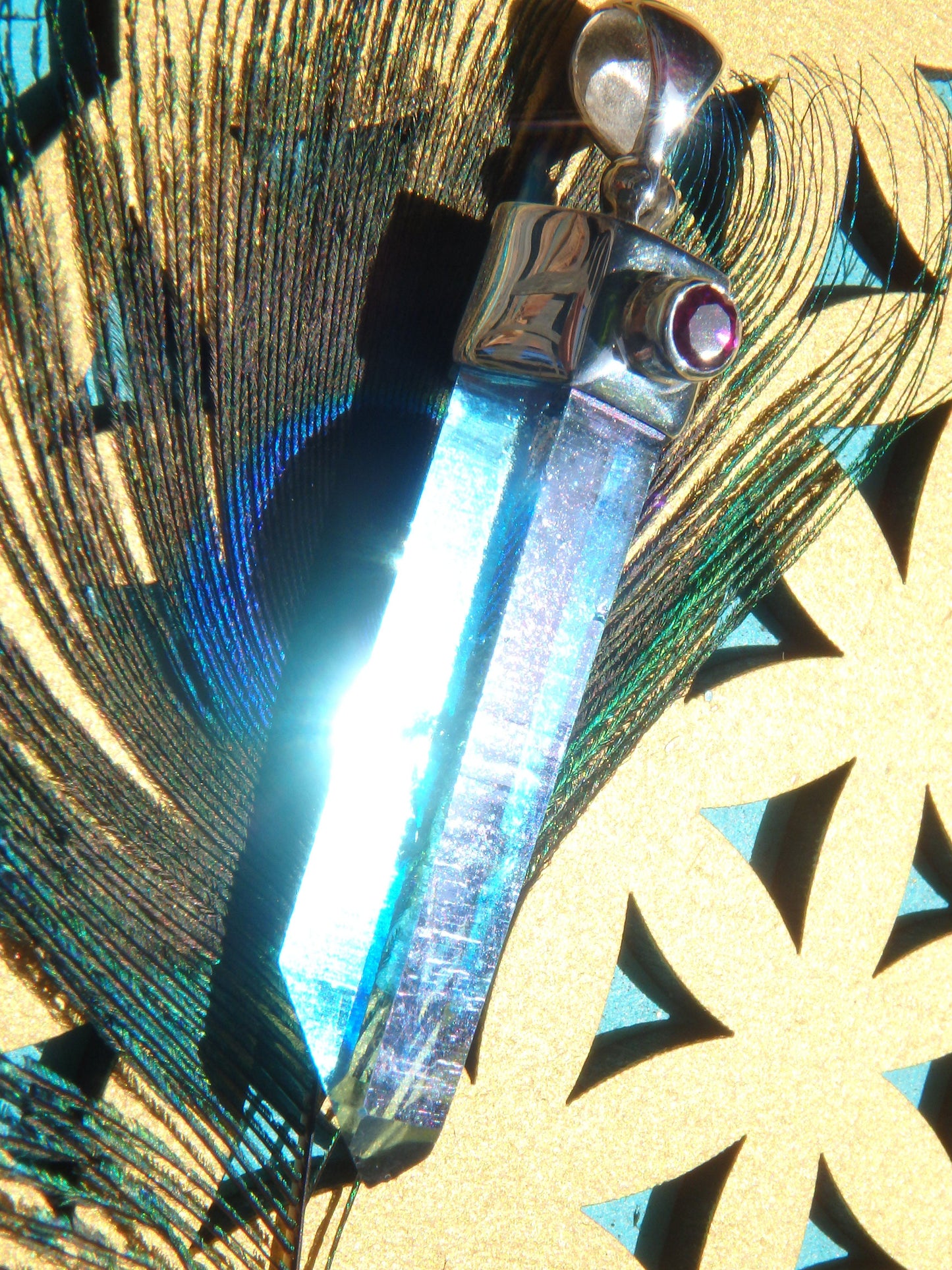 Brilliant Blue Aqua Aura Quartz Point & Faceted Pink Tourmaline Pendant in Sterling Silver (Includes Silver Chain)