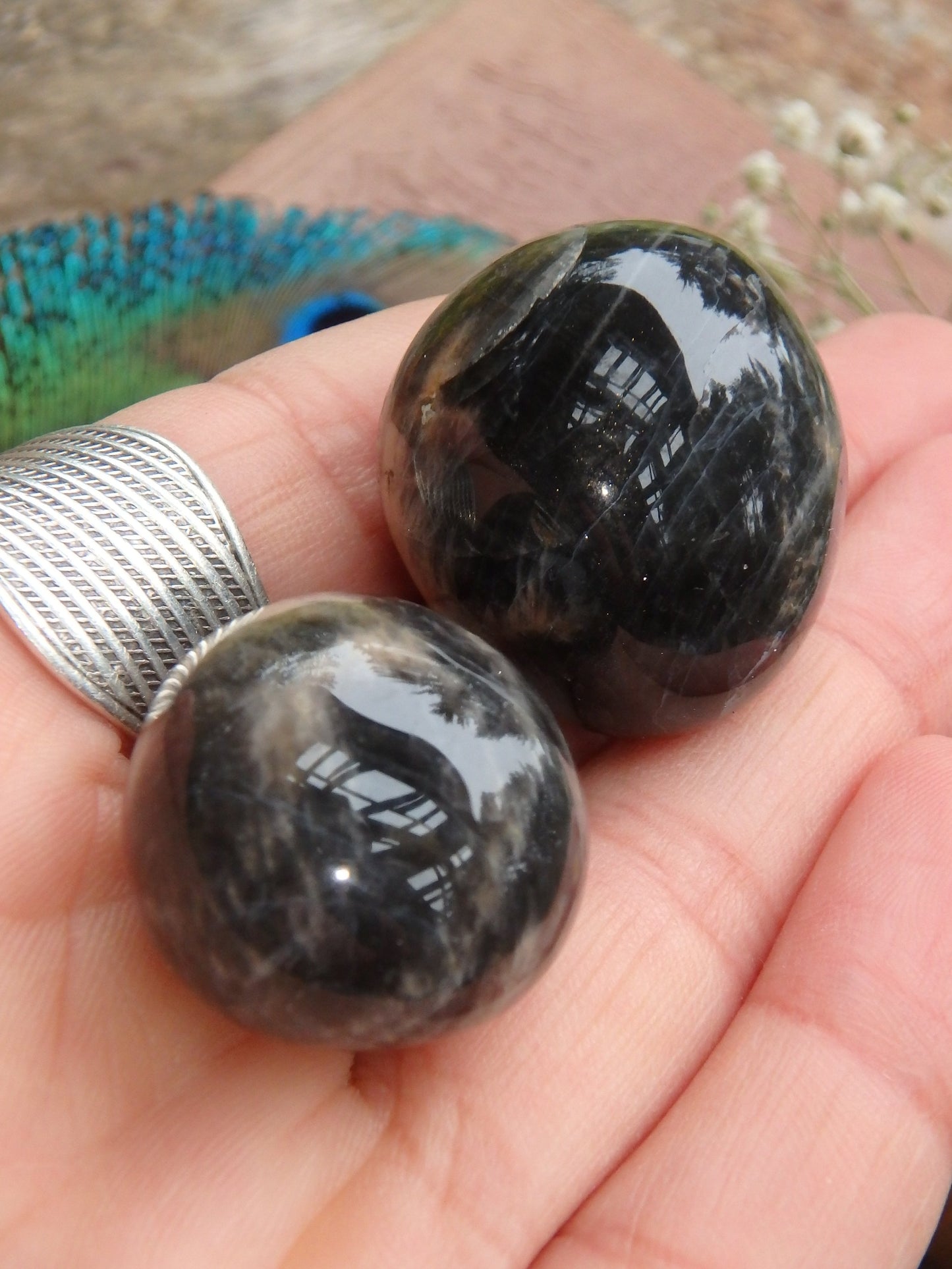 Set of 2 Black Moonstone Tumbled Pocket Stones - Metiz Tier Price