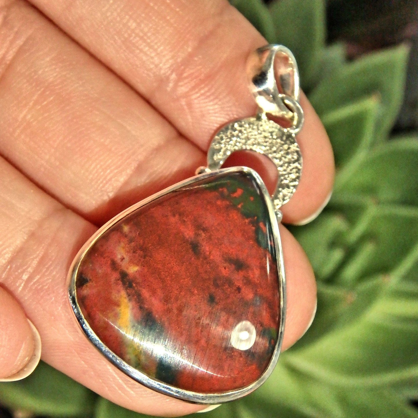 Deep Burgundy Red Bloodstone Sterling Silver Pendant (Includes Silver Chain)