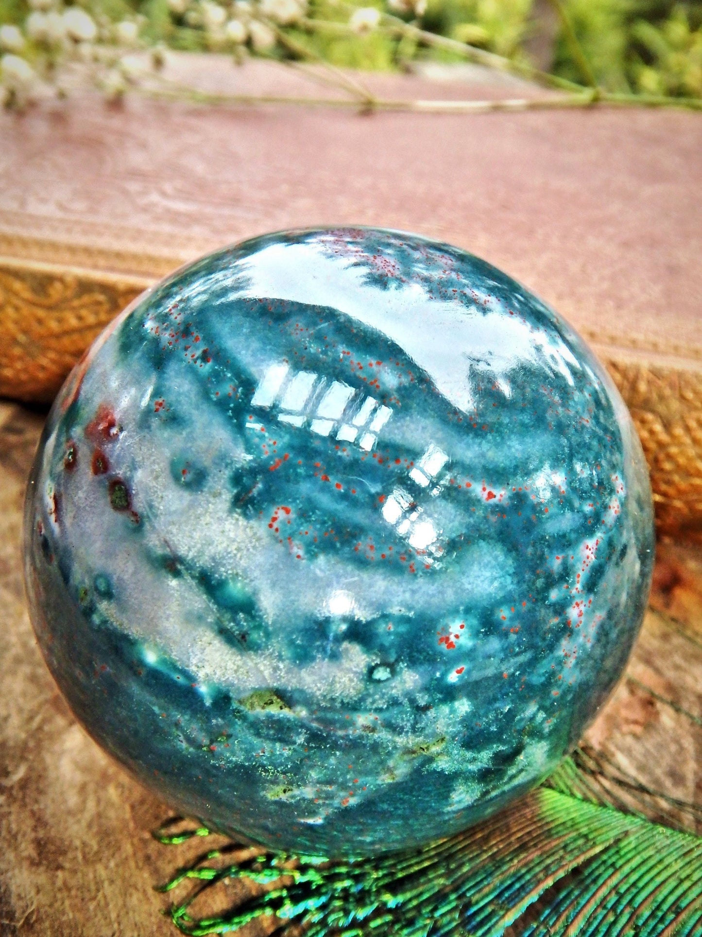 Deep Red Patterns Lovely Inclusions Bloodstone Sphere Carving