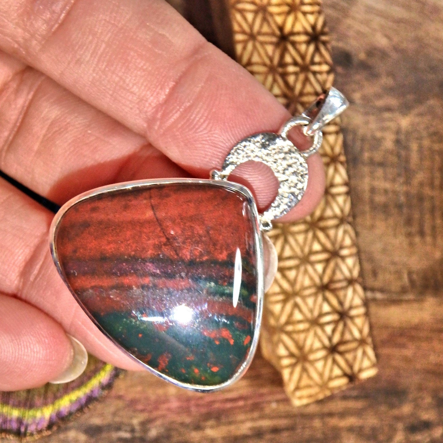 Burgundy & Forest Green Bloodstone Pendant in Sterling Silver (Includes Silver Chain)
