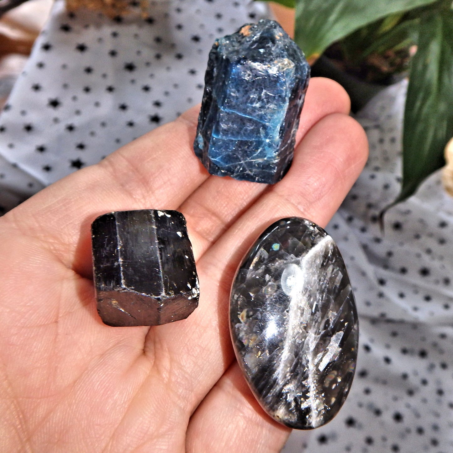 Healing Stone Set-Raw Blue Apatite Point, Dravite Brown Tourmaline Point & Black Moonstone Polished Stone - Earth Family Crystals