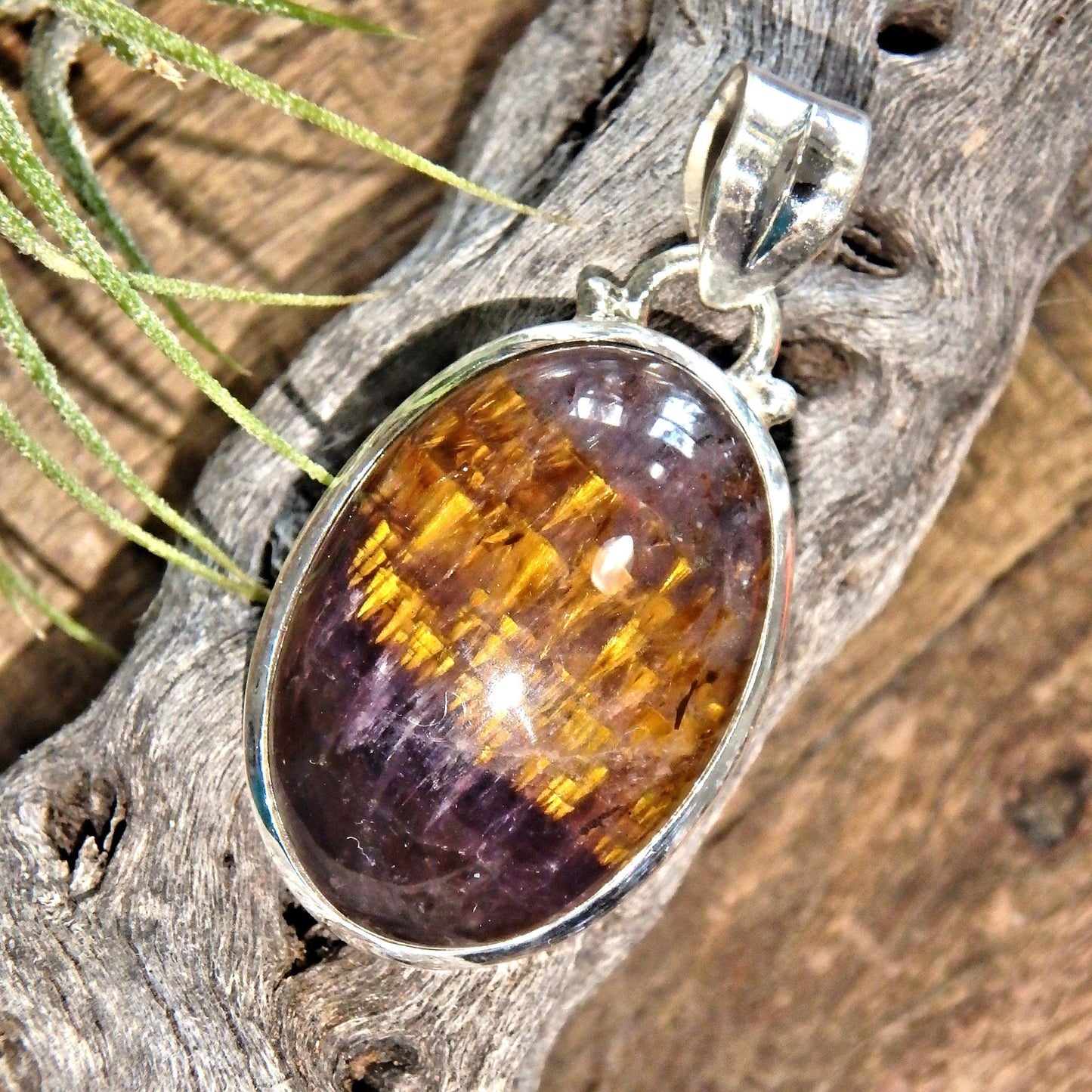 Delightful Inclusions Cacoxenite & Amethyst Gemstone Pendant in Sterling Silver (Includes Silver Chain)2