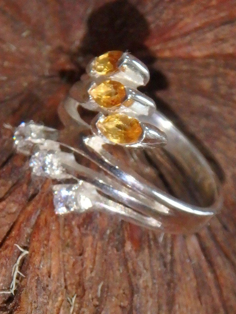 Pretty Triple Faceted Golden Citrine & Quartz In Sterling Silver (Size 5) - Earth Family Crystals