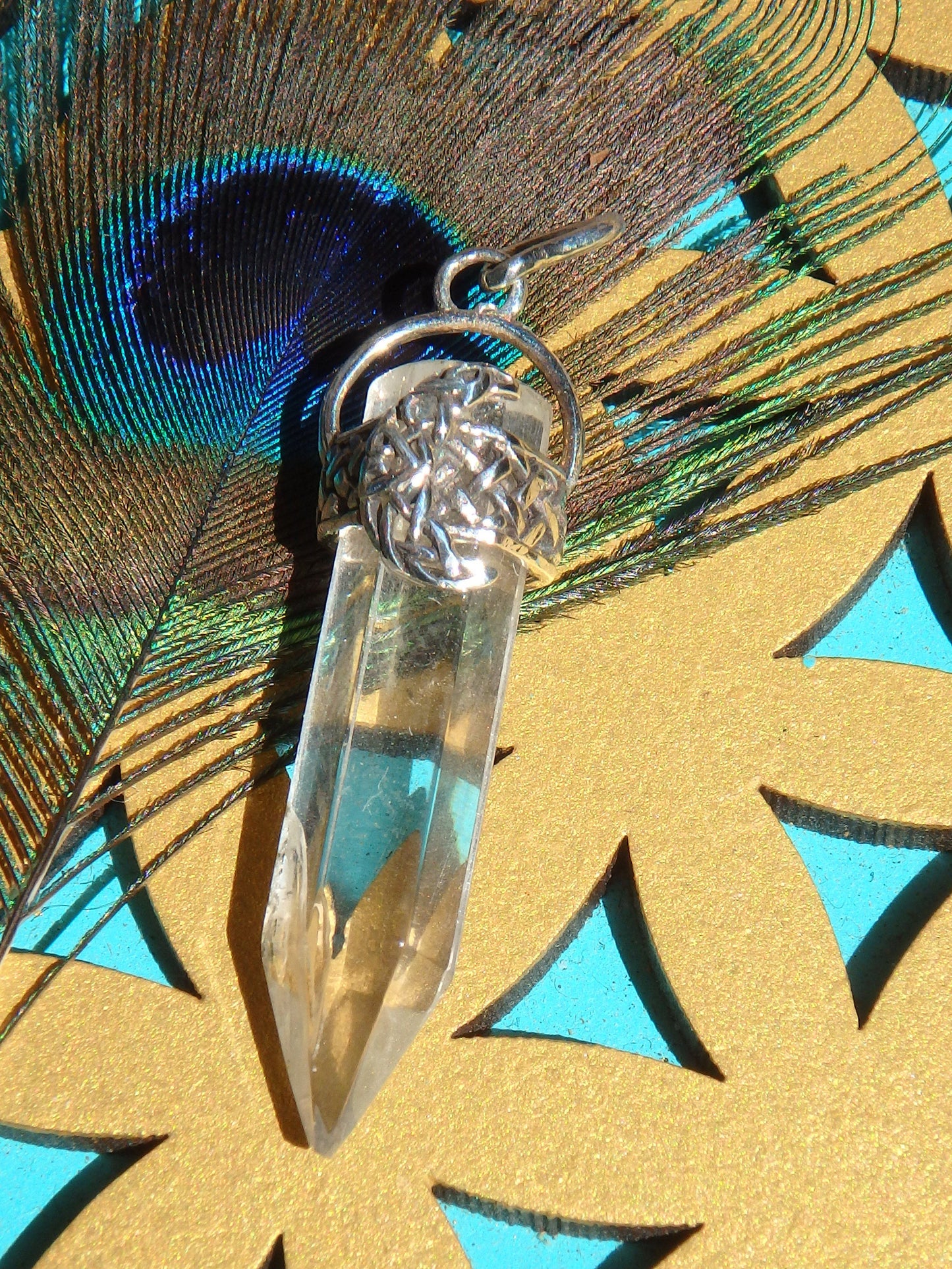 Crescent Moon & Clear Quartz Pendant in Sterling Silver REDUCED (Includes Silver Chain)