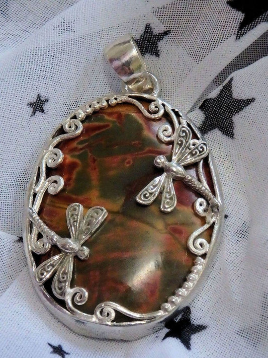 Amazing Cherry Creek Jasper Double Dragonfly Pendant in Sterling Silver (Includes Silver Chain)
