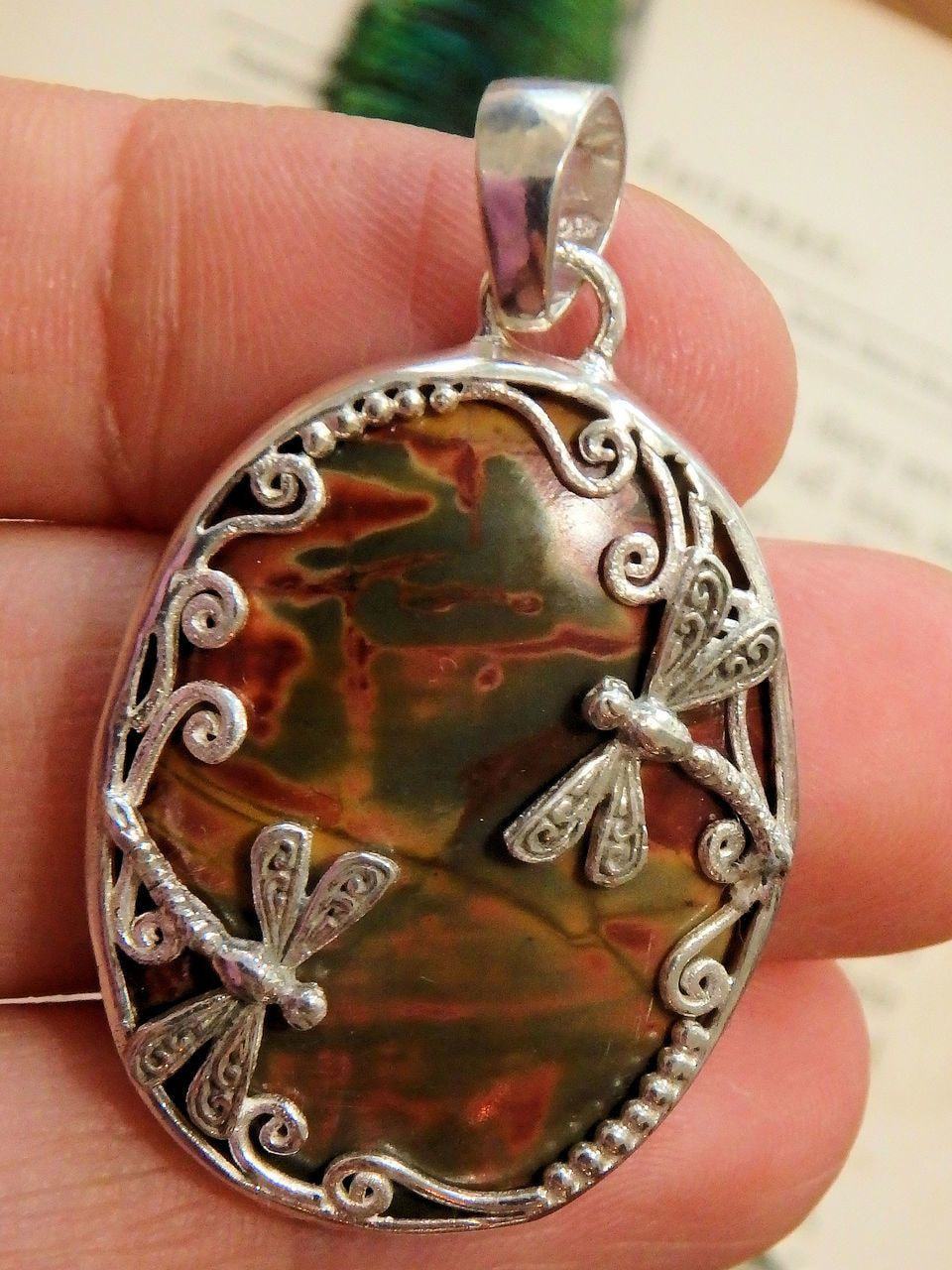 Amazing Cherry Creek Jasper Double Dragonfly Pendant in Sterling Silver (Includes Silver Chain)