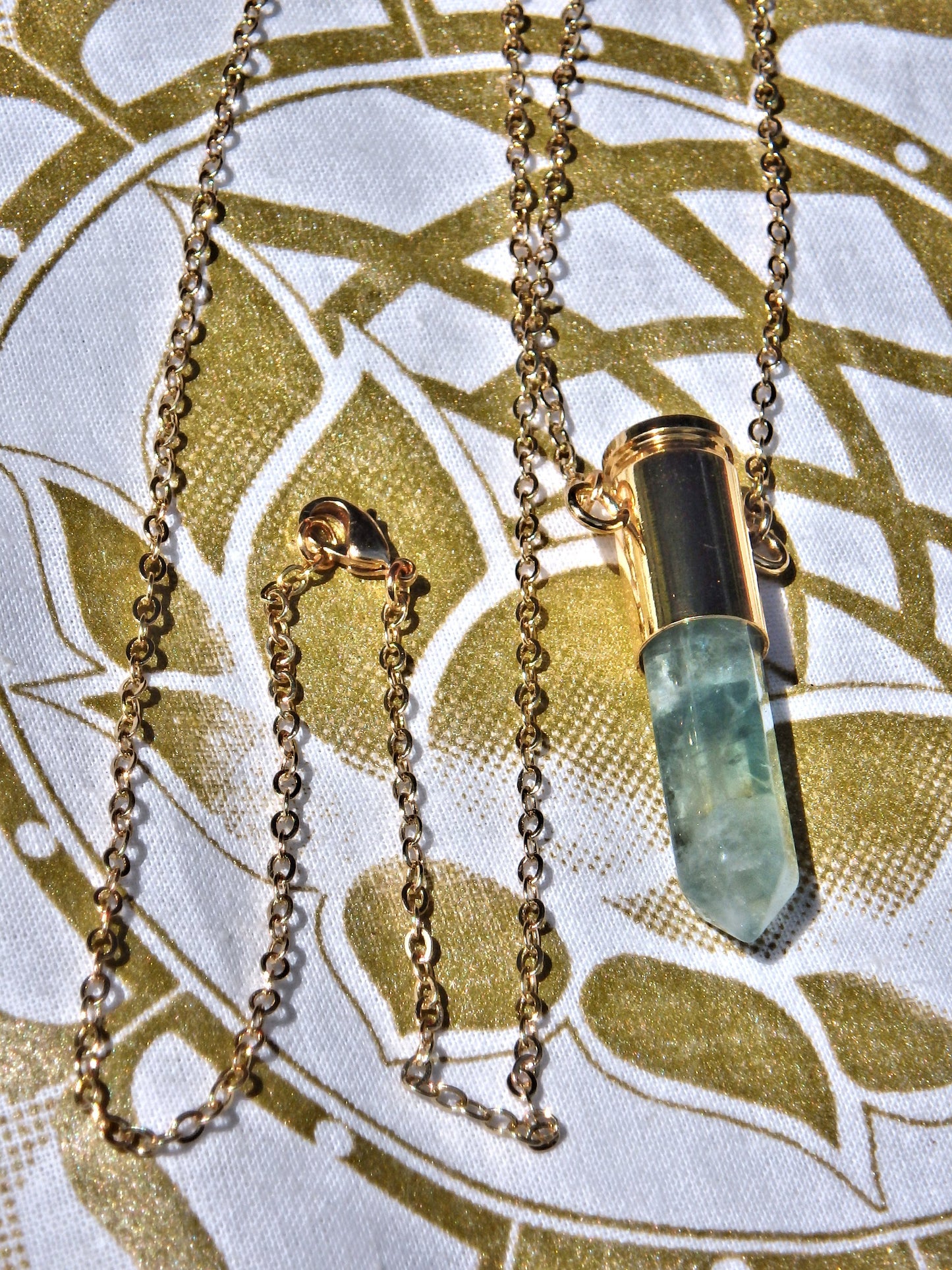 Green Fluorite Bullet Point Necklace on Golden Chain - Earth Family Crystals