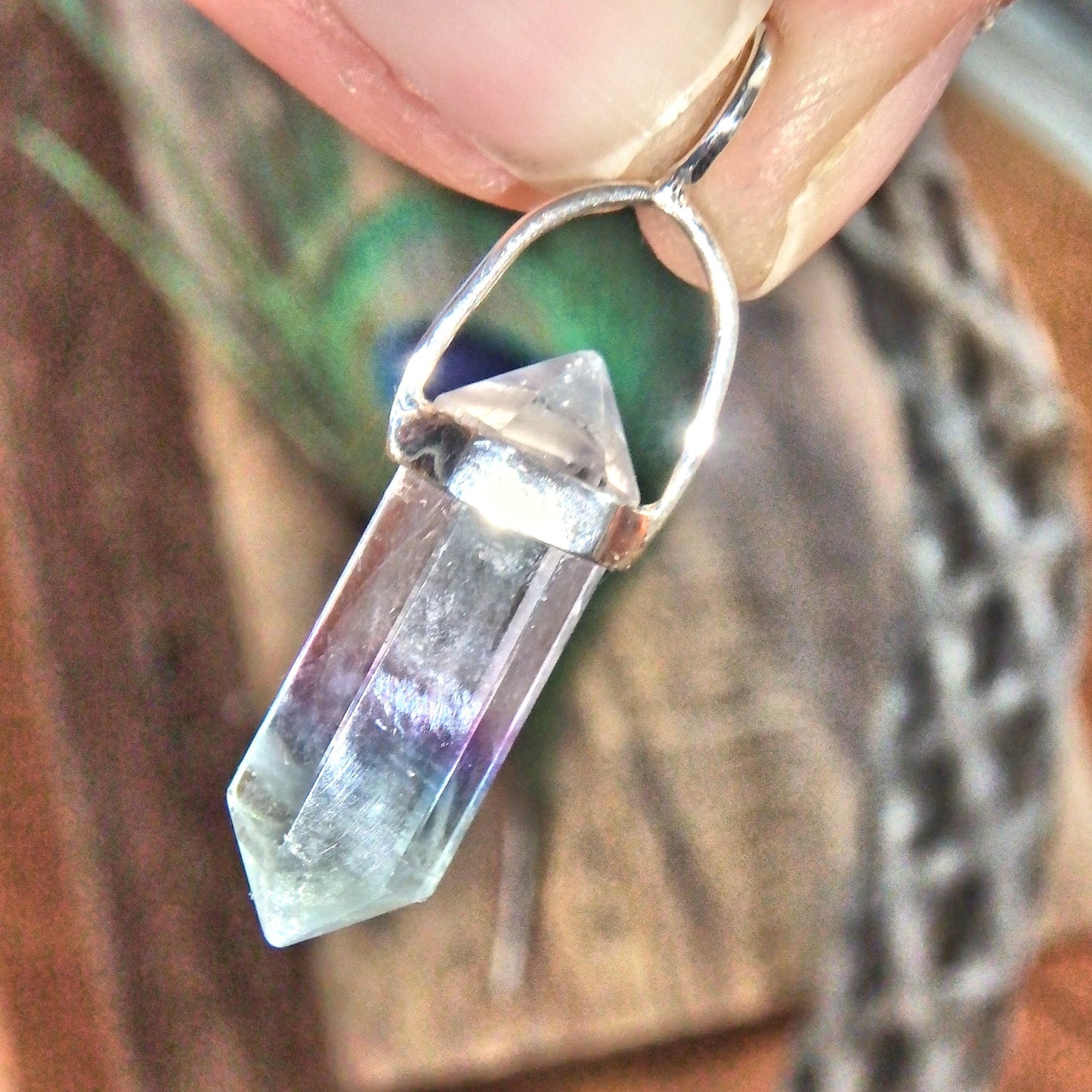 Optical Clear Purple & Green Fluorite DT Pendant in Sterling Silver (Includes Silver Chain)
