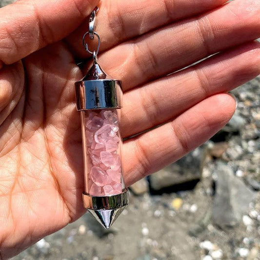 3 in 1 Rose Quartz Crystal Chips Point Pendulum With Detachable Chakra Bead Chain (Use as a Pendant, Bracelet & Pendulum)
