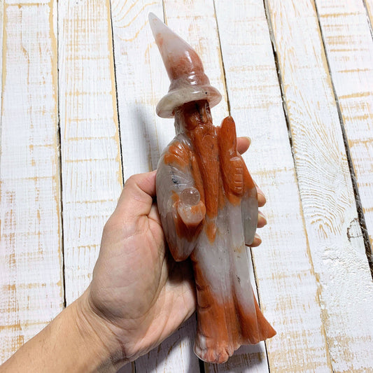 Amazing Red Quartz Large Merlin Wizard With Quartz Crystal Ball Display Carving~Locality Brazil