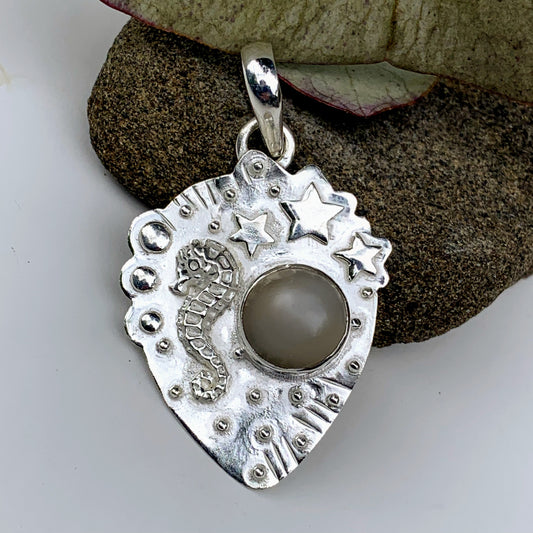 Adorable Seahorse & Stars Pearl Moonstone Gemstone Pendant in Sterling Silver (Includes Silver Chain)