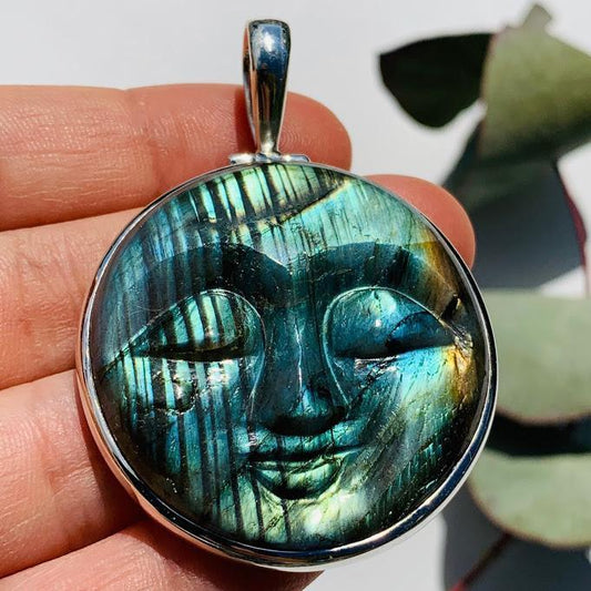 Amazing Tranquil Moon Goddess Face Labradorite Sterling Silver Pendant (Includes Silver Chain) #4