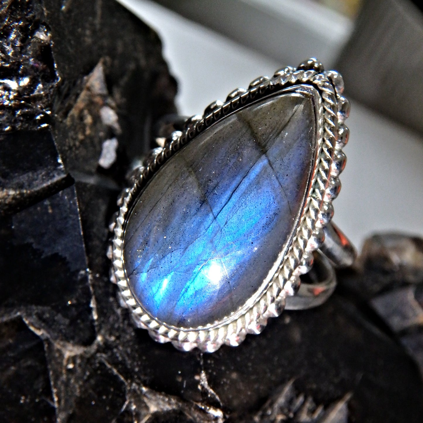 Raindrop Blue Labradorite Gemstone Ring in Sterling Silver (Size 9) - Earth Family Crystals