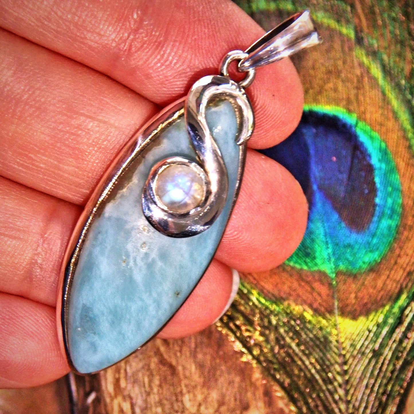 Deep Blue Larimar & Rainbow Moonstone Sterling Silver Pendant (Includes Silver Chain)
