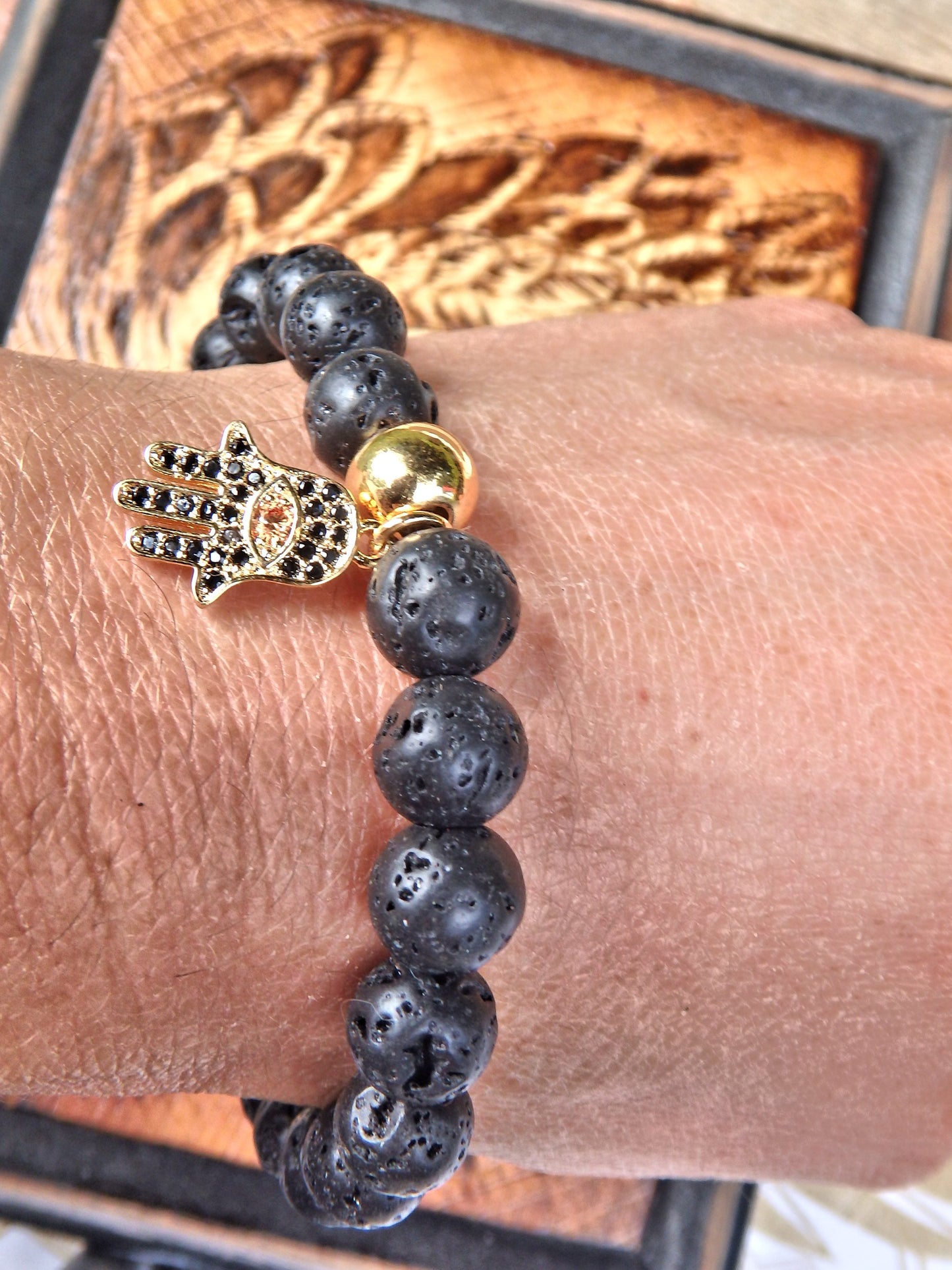 Lava Stone Bracelet With Hamsa Charm (Perfect for Essential Oils & Perfume) - Earth Family Crystals