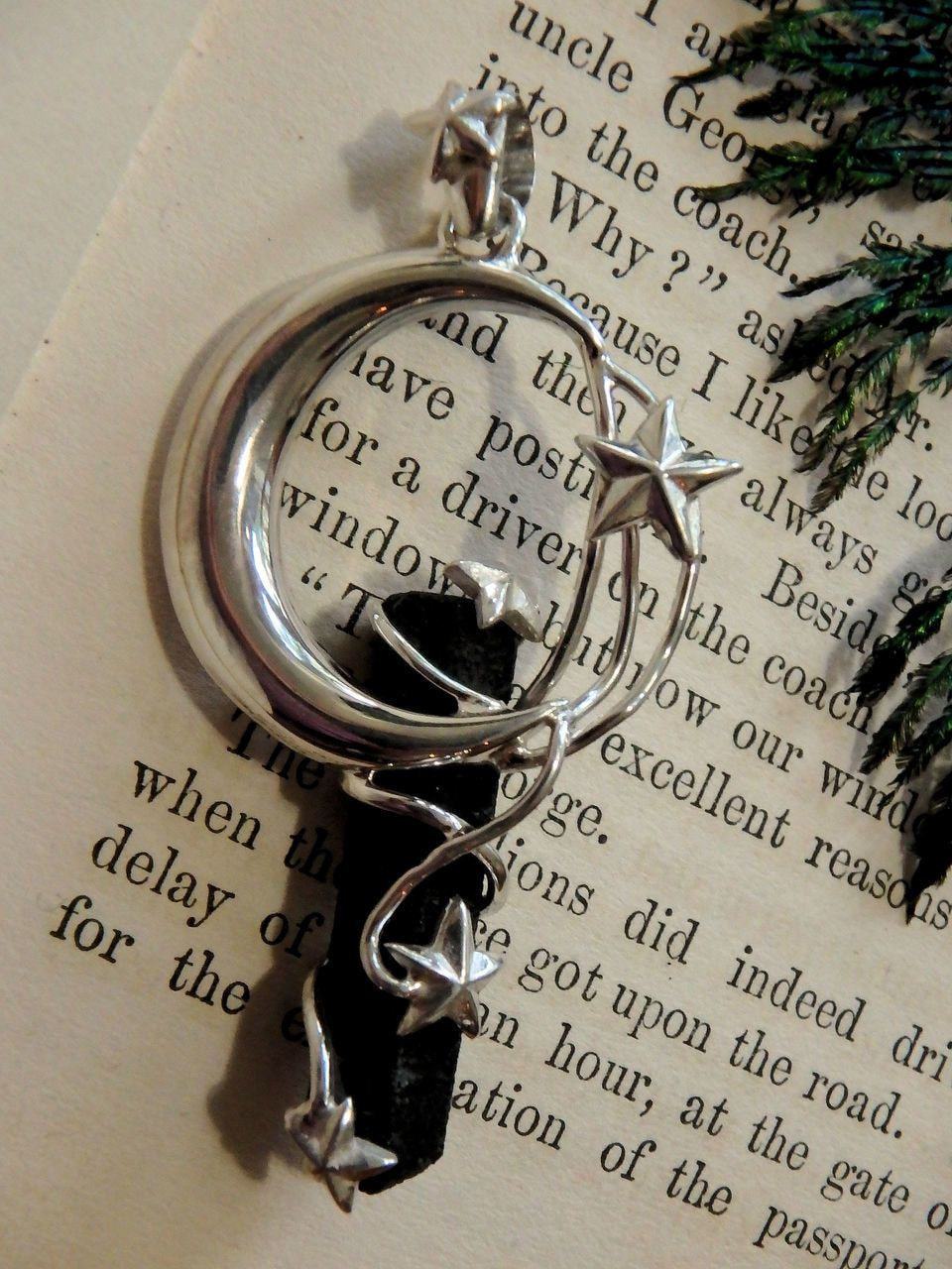 Crescent Moon & Stars Lava Stone Pendant in Sterling Silver (Includes Silver Chain)