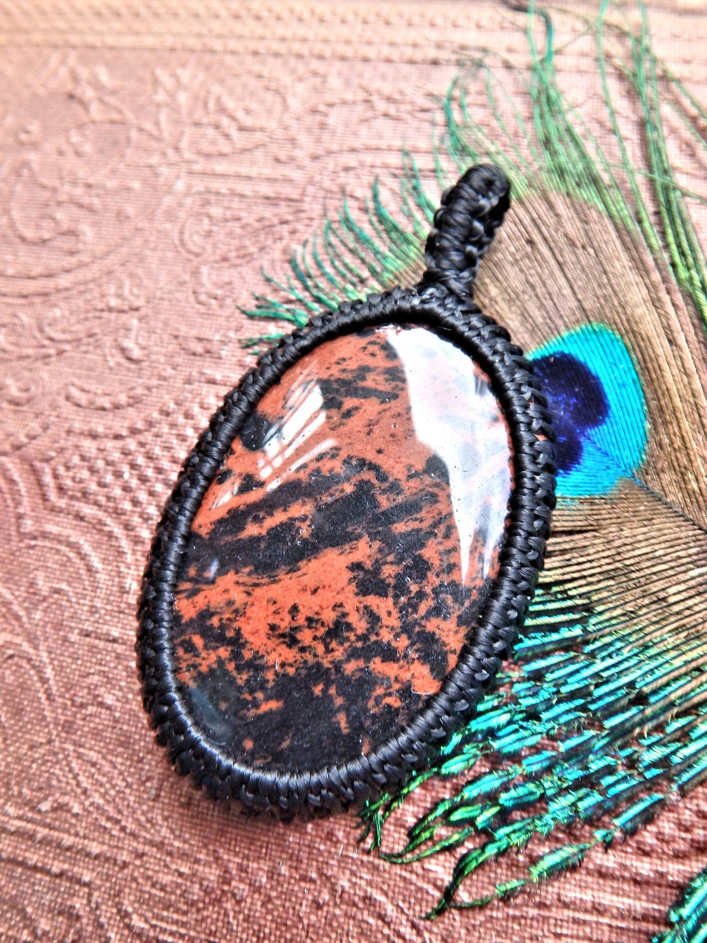 Unique Patterns Mahogany Obsidian Macrame Wrapped Pendant - Earth Family Crystals