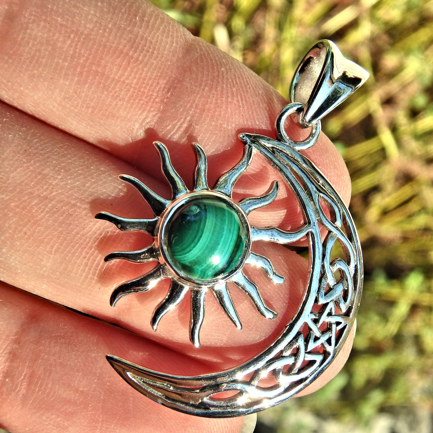 Moon & Sun Malachite Pendant in Sterling Silver (Includes Silver Chain) - Earth Family Crystals