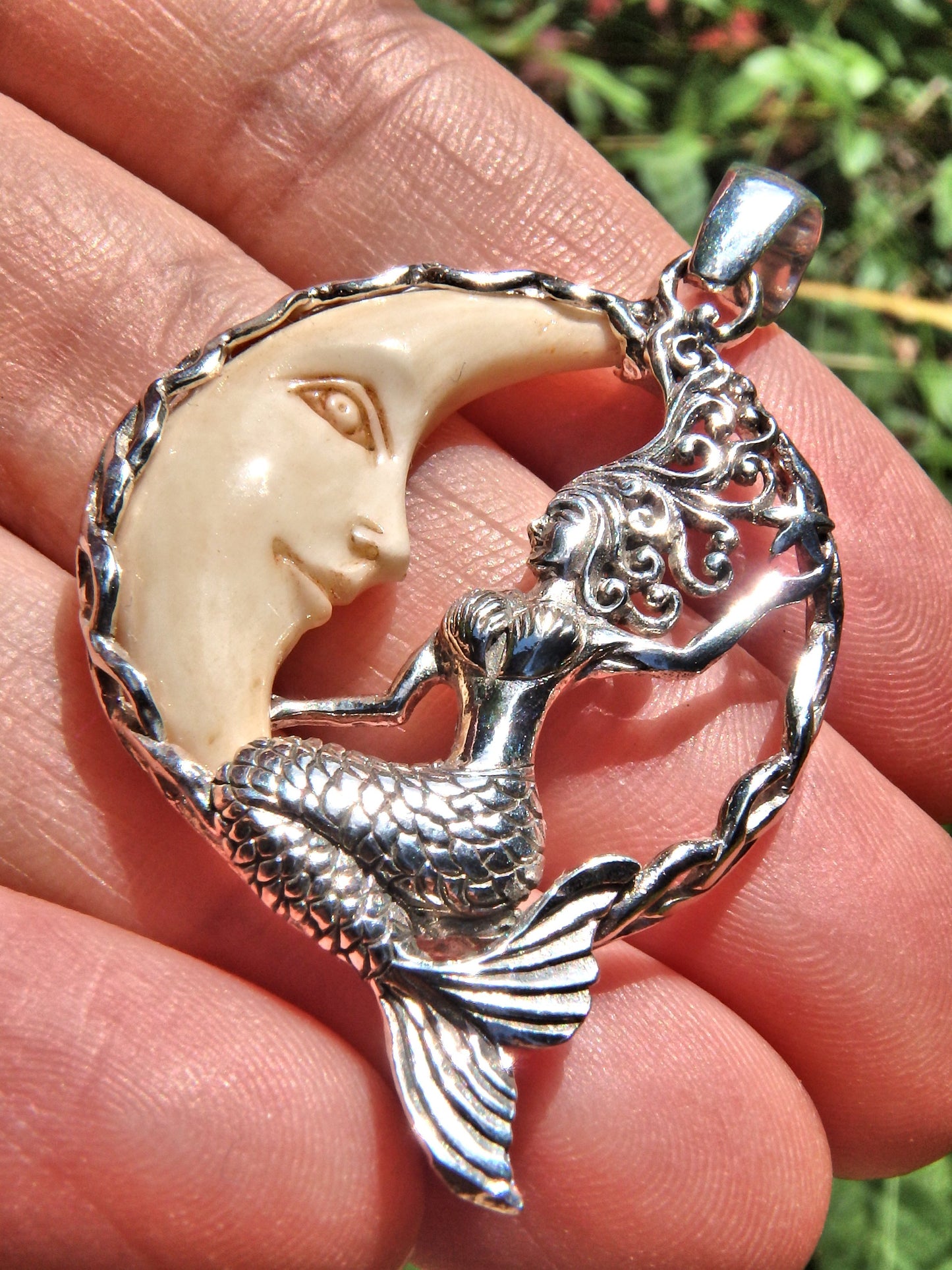 Majestic Mermaid & Golden Crescent Moon Bone Pendant in Sterling Silver (Includes Silver Chain) - Earth Family Crystals