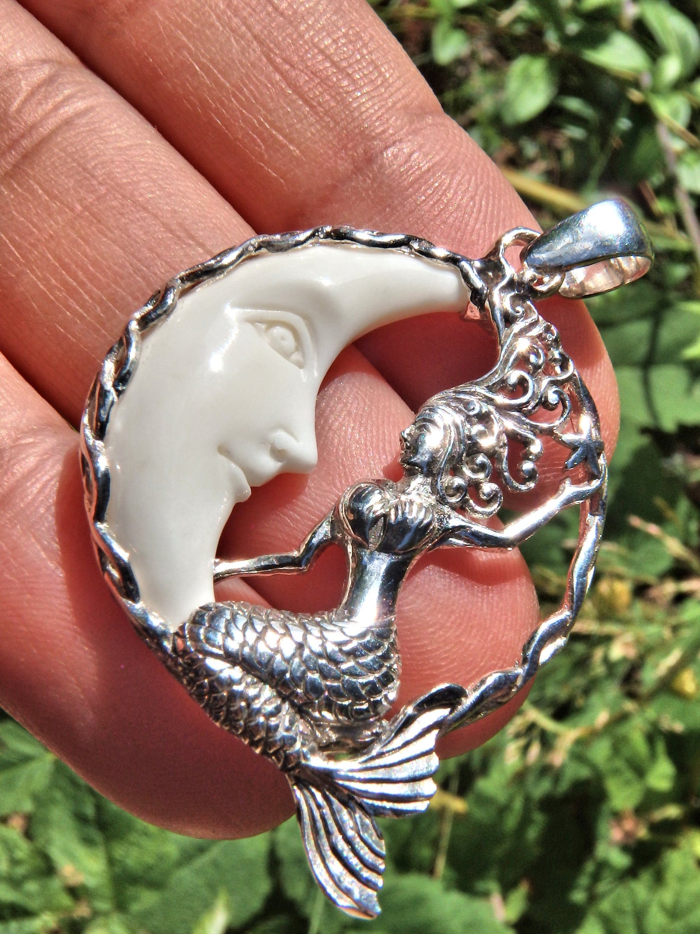 Pretty Mermaid & White Crescent Moon Pendant in Sterling Silver (Includes Silver Chain) - Earth Family Crystals