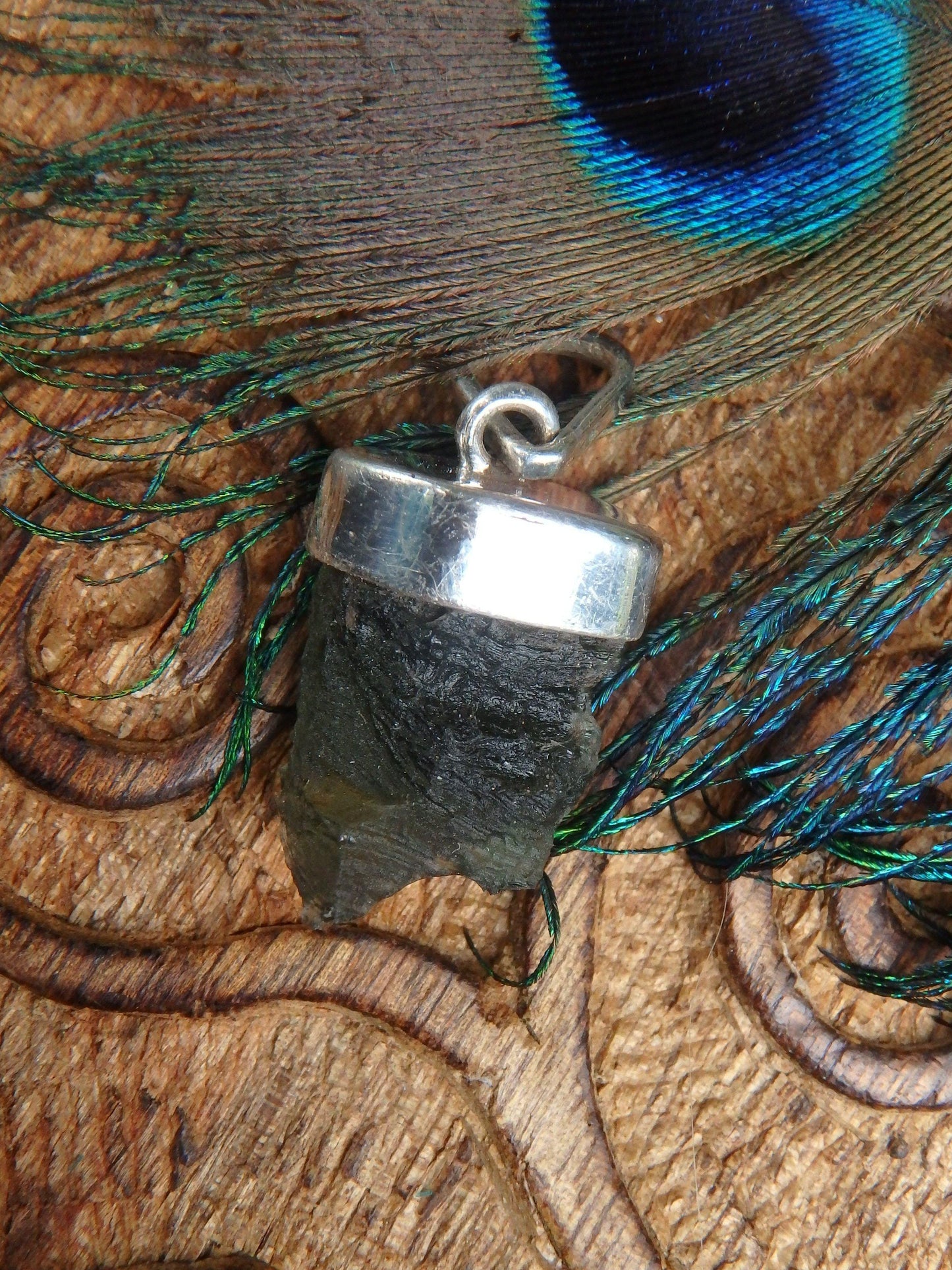 Deep Forest Green Genuine Raw Moldavite Floating Pendant In Sterling Silver (Includes Silver Chain) *REDUCED*