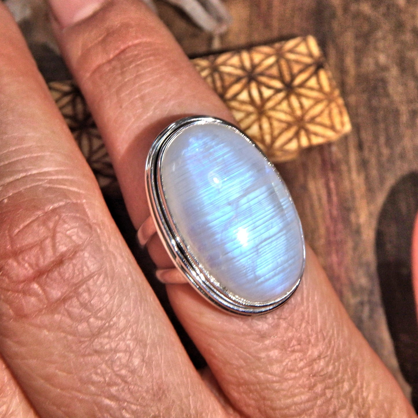 Gorgeous Ribbons of Blue Flash Goddess Moonstone Sterling Silver Ring (Size 7) - Earth Family Crystals