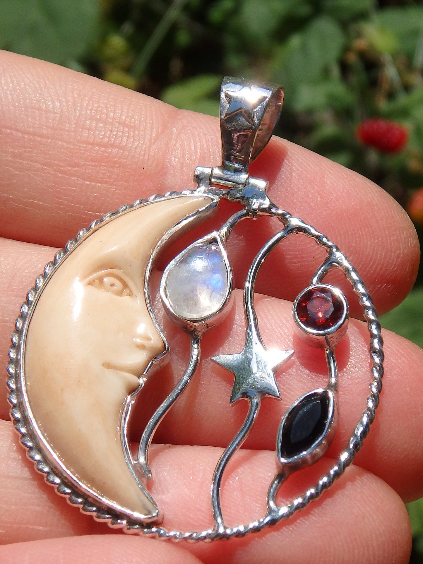 Red Garnet, Rainbow Moonstone & Onyx Bone Crescent Moon Pendant in Sterling Silver (Includes Silver Chain) REDUCED - Earth Family Crystals