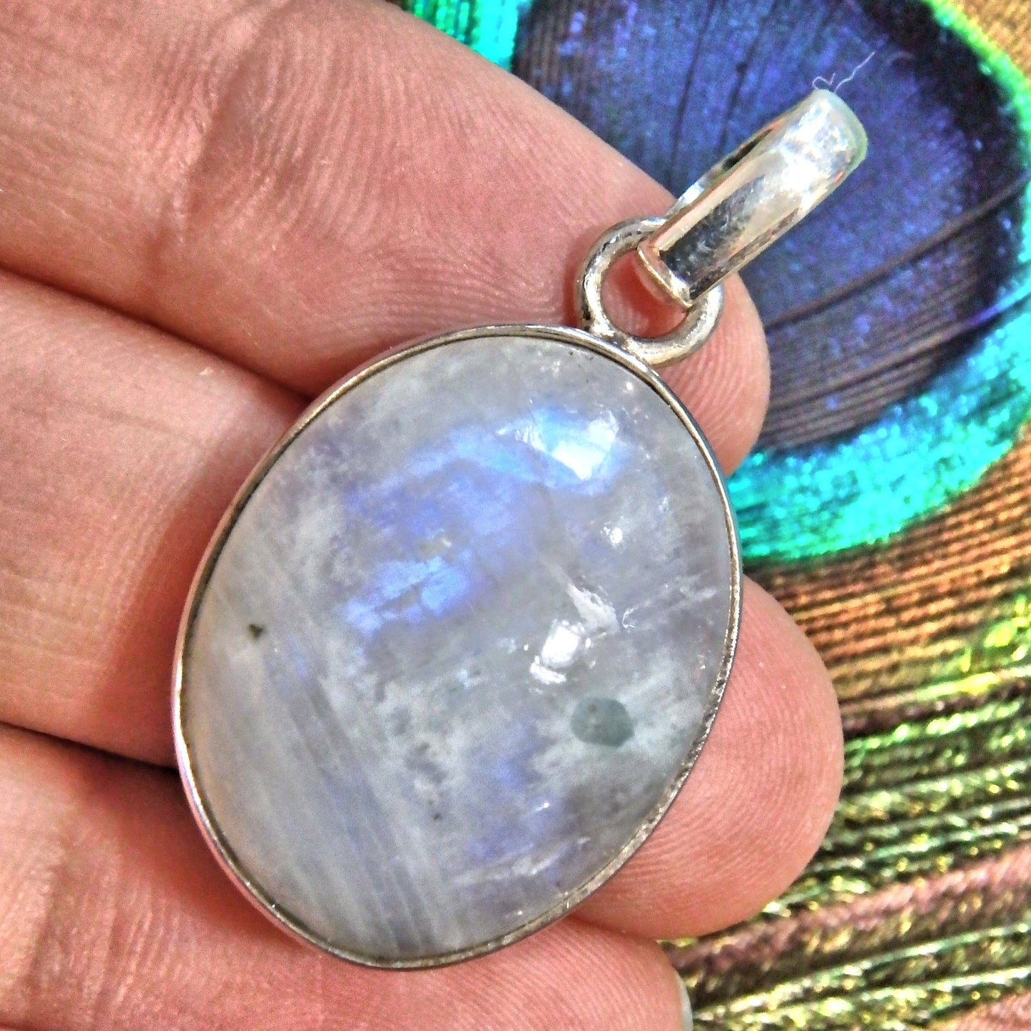 Flashes of Royal Blue Rainbow Moonstone Sterling Silver Pendant (Includes Silver Chain)2 - Earth Family Crystals