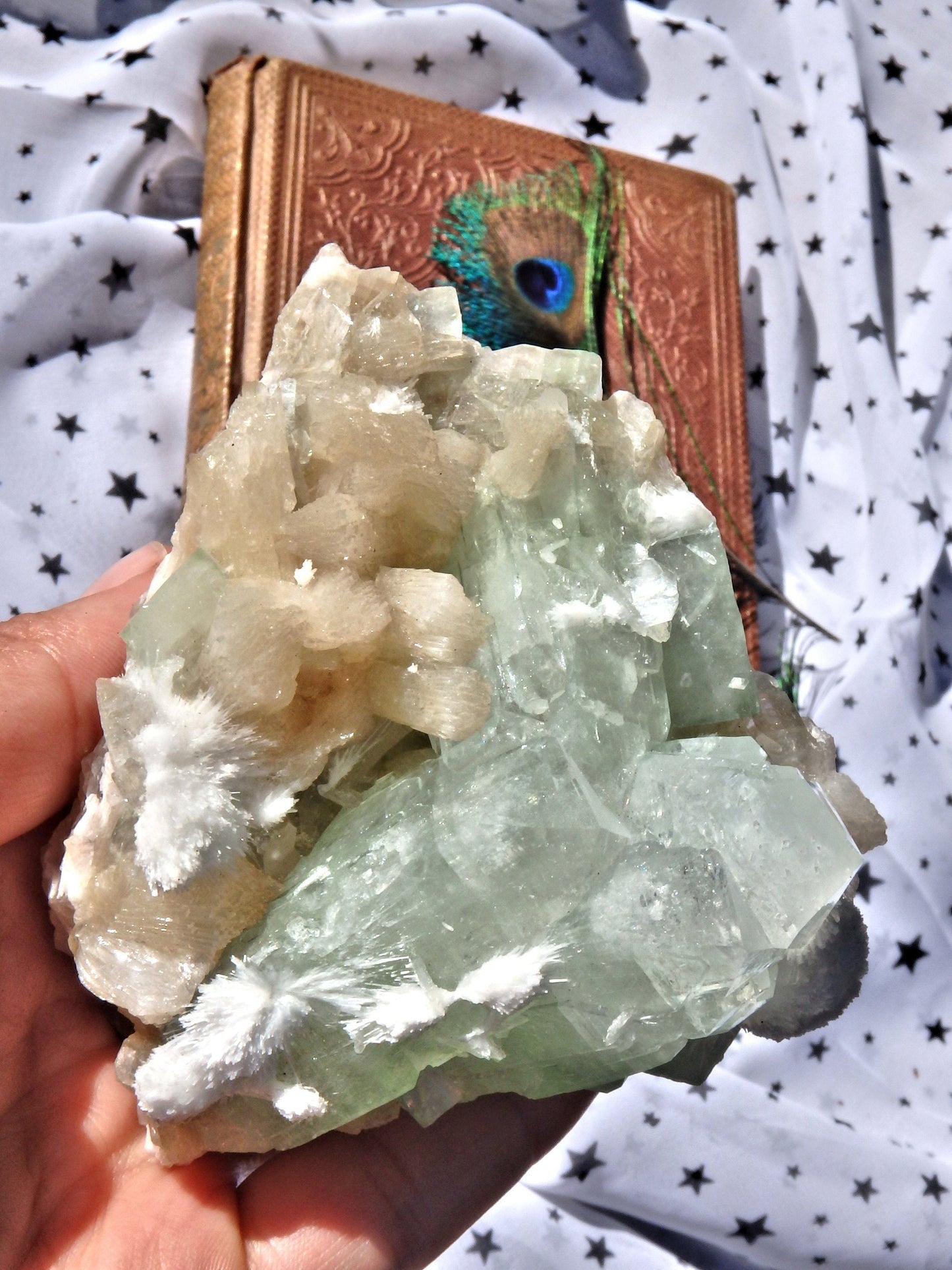 Delightful Rare Mordenite Blooming Patterns on Green Apophyllite & Pink Stilbite Matrix From India
