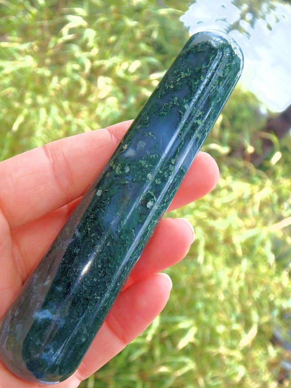 Earthy Green Moss Agate Wand Carving 1