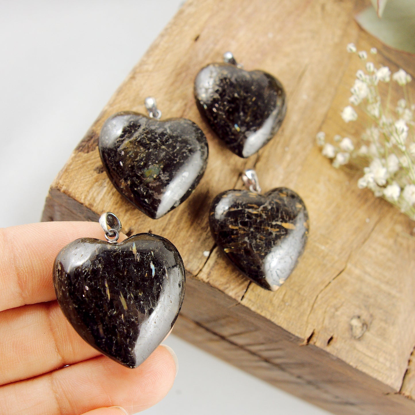 Mysterious Lightening Flash Genuine Greenland Nuummite Heart Pendant in Sterling Silver (Includes Silver Chain) - Earth Family Crystals