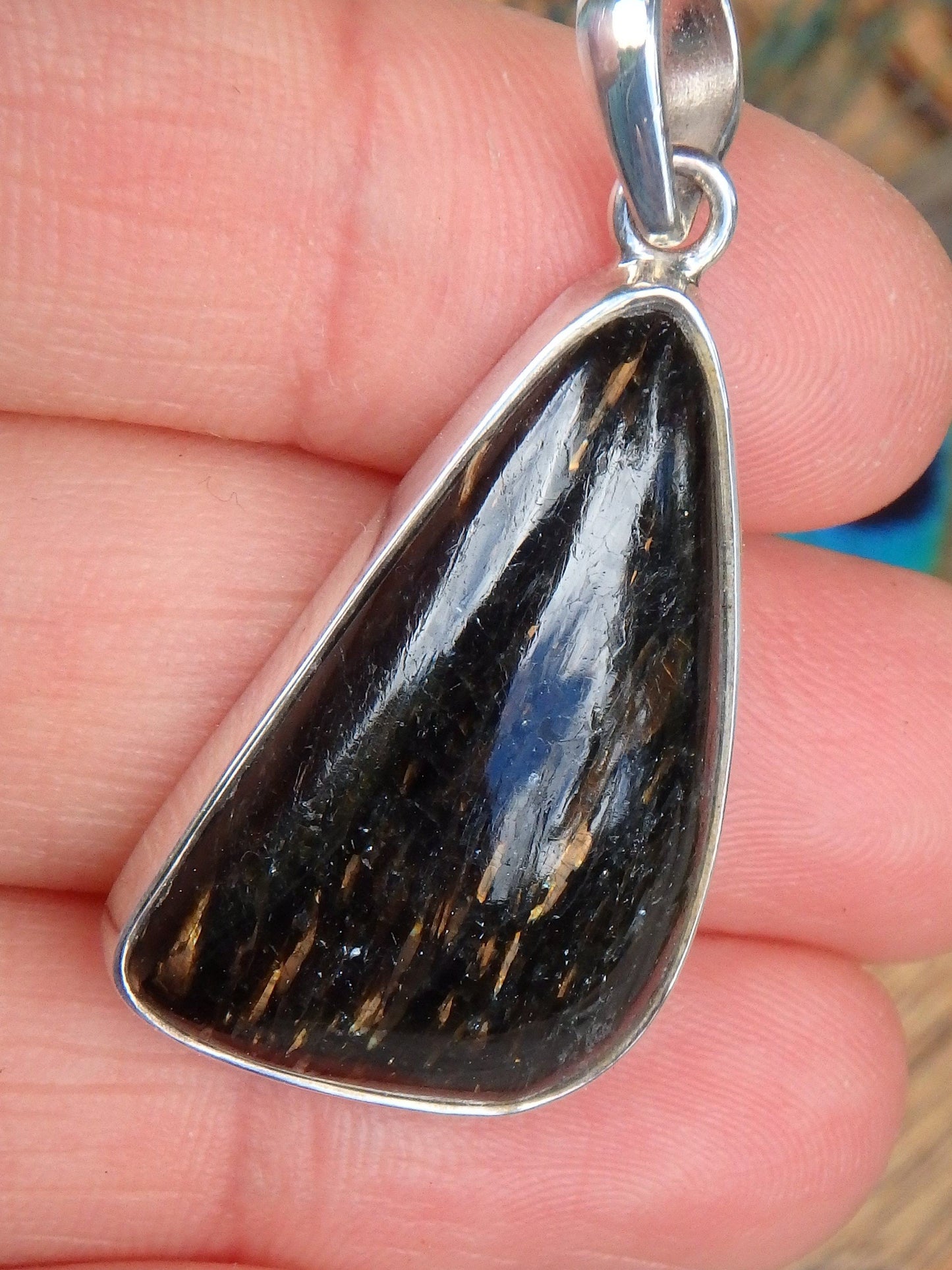 Brilliant Golden Flashes Nuummite From Greenland Pendant in Sterling Silver (Includes Silver Chain) 1