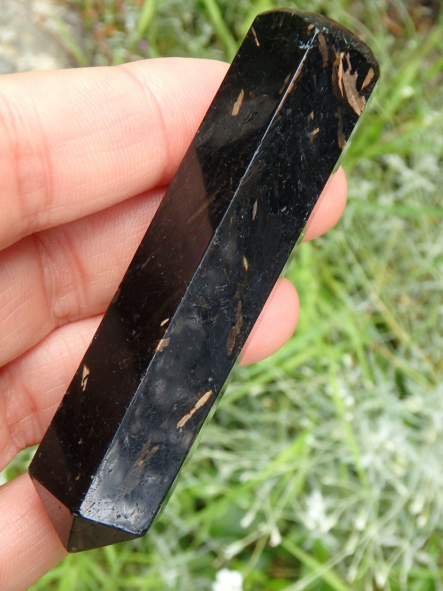 Beautiful Flashes of Color~Genuine Greenland Nuummite Wand Carving 1