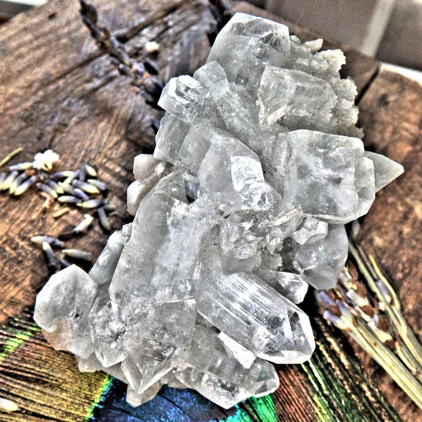 Clear Apophyllite Points Nestled on Clear Quartz Matrix With Pink Stilbite Inclusions
