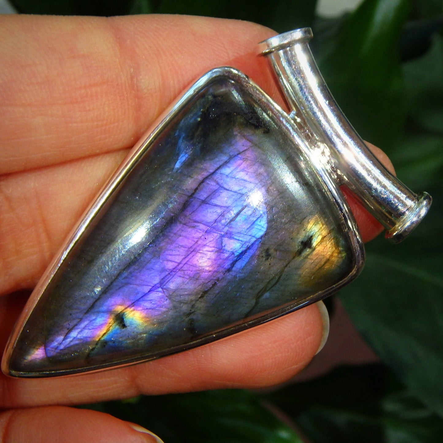 Incredibly Beautiful Large Rare Purple Flash Labradorite Gemstone Pendant in Sterling Silver (Includes Silver Chain)