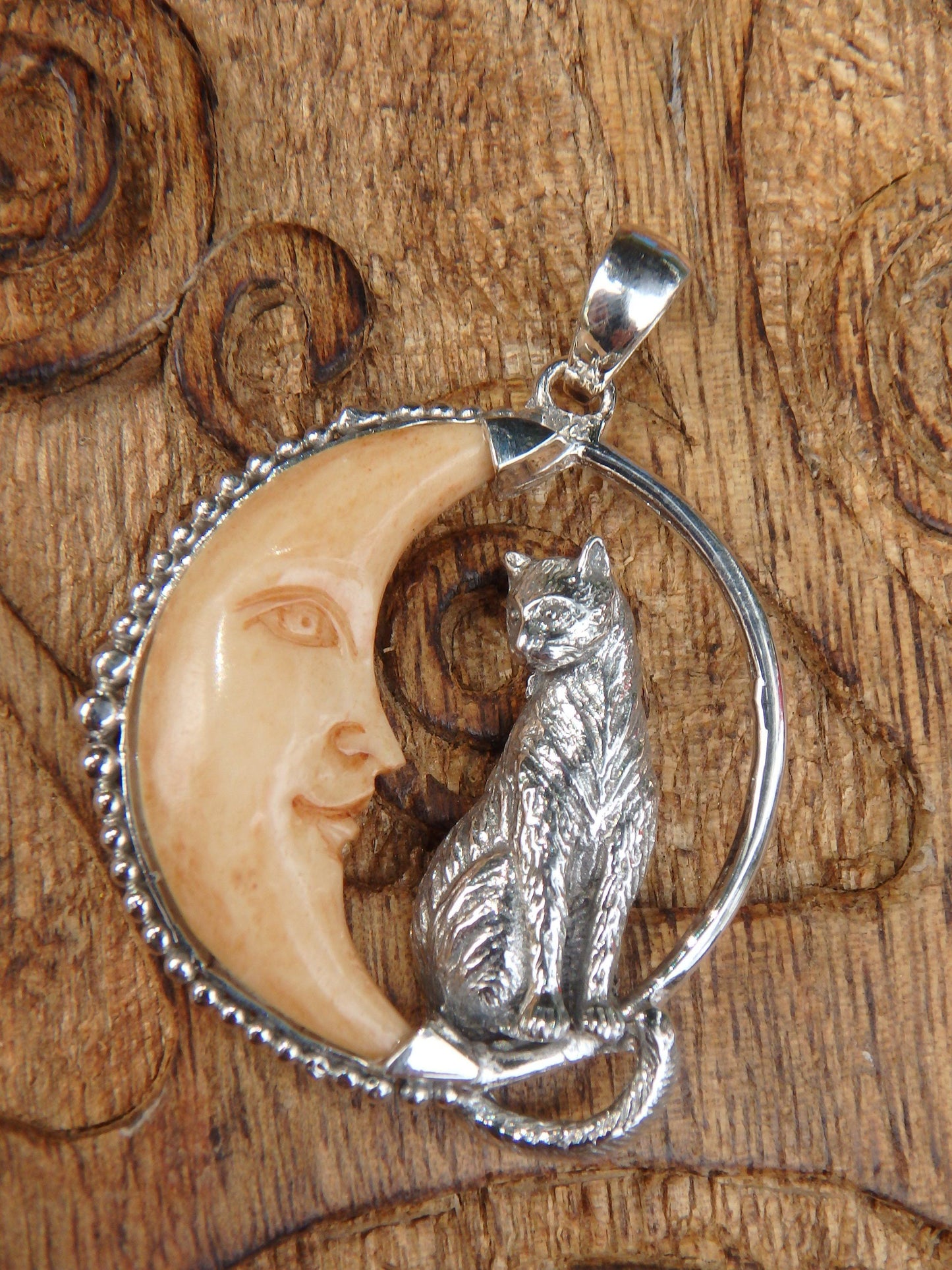 Cat & Crescent Moon Bone Pendant in Sterling Silver (Includes Silver Chain)