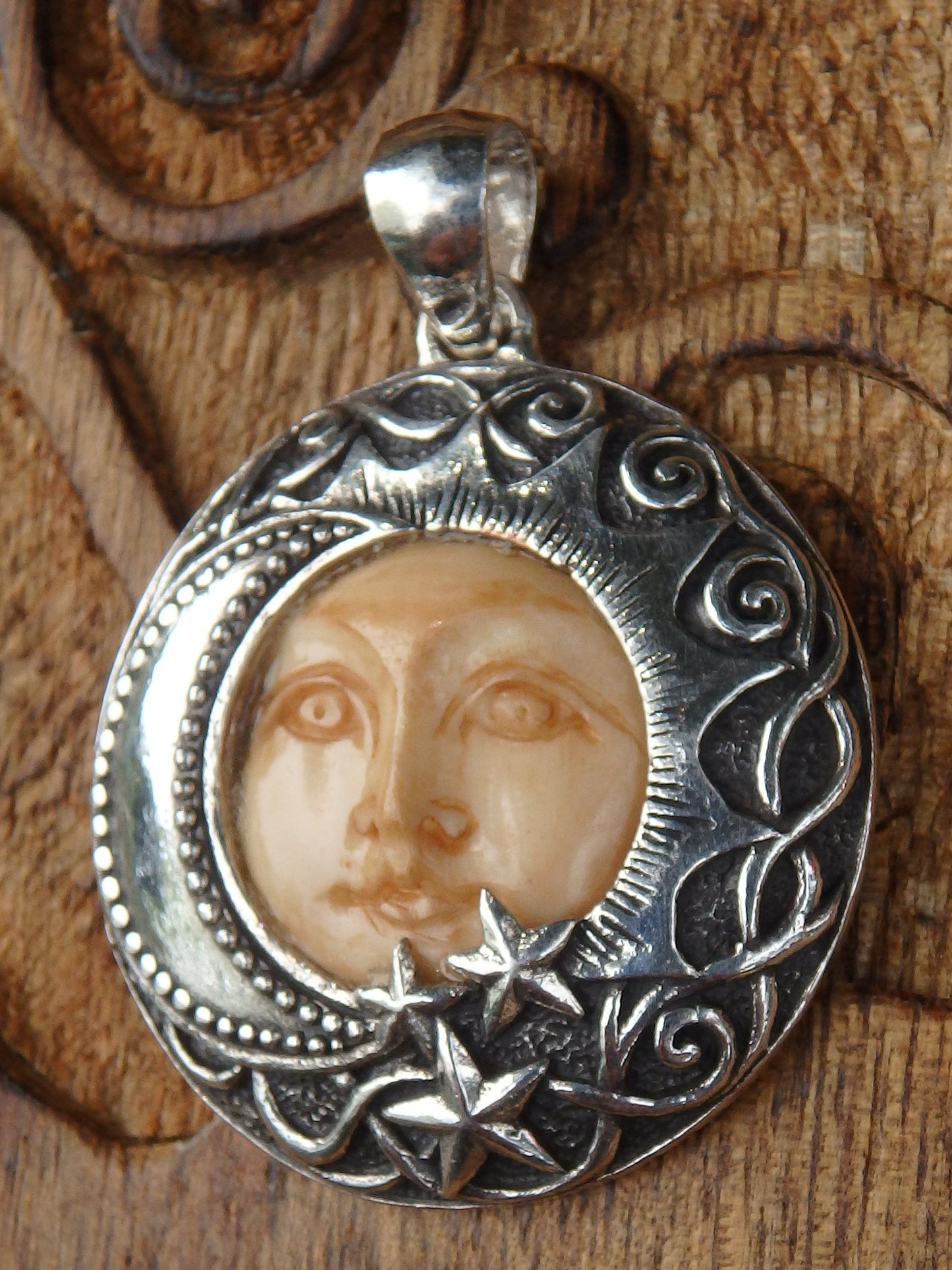 Lunar Goddess Moon Face Bone Pendant in Sterling Silver (Includes Silver Chain) - Earth Family Crystals